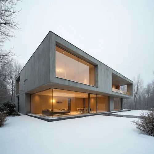,modern house with snowy grounds and white interior,winter house,cubic house,snohetta,snow house,cantilevered,cantilevers,snow roof,cube house,timber house,modern house,bohlin,modern architecture,bre