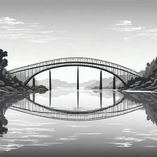 The image is a black and white illustration of a bridge spanning over a body of water. The bridge has multiple arches and is supported by sturdy pillars that are anchored into the riverbed below. The 