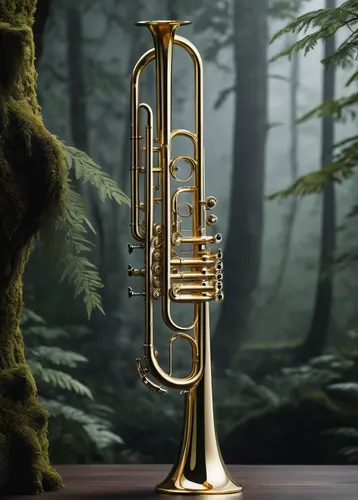 Describe the sound of a climbing trumpet echoing through a misty forest.,euphonium,american climbing trumpet,brass instrument,climbing trumpet,gold trumpet,trumpet gold,trumpet tree,wind instrument,tr