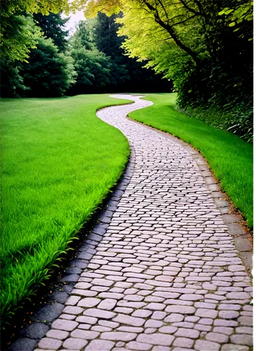 pathway, natural scenery, green grass, stone pavement, serene atmosphere, soft sunlight filtering through trees, dappled shadows, gentle slope, winding route, cinematic composition, warm color tone, s