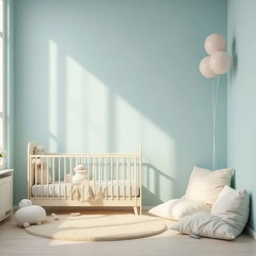 Baby blue walls, calming atmosphere, minimalist modern interior design, softbox lighting, gentle shadows, creamy white furniture, plush toys scattered, baby crib with delicate lace, pastel-colored bal