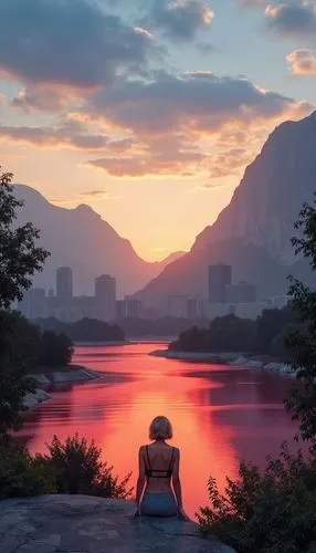 A surreal landscape where a woman with short blonde hair sits on a concrete ledge, overlooking a serene body of water reflecting a vibrant red hue. In the distance, a city skyline with tall skyscraper