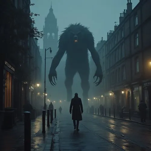 Here is the image with the giant werewolf in the background, as you requested. It has a gothic and mysterious atmosphere, set on a foggy London street at night.,a man walking down a city street in fro