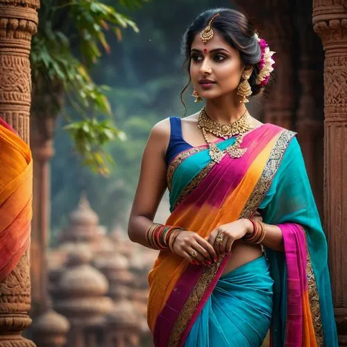 A beautiful 26 year old woman in a flowing, colorful sari. Low cut. Flirty.
,a woman dressed in traditional clothing with an intricate jewellery,sari,sarees,jayaprada,wedding saree,saree,paithani sare
