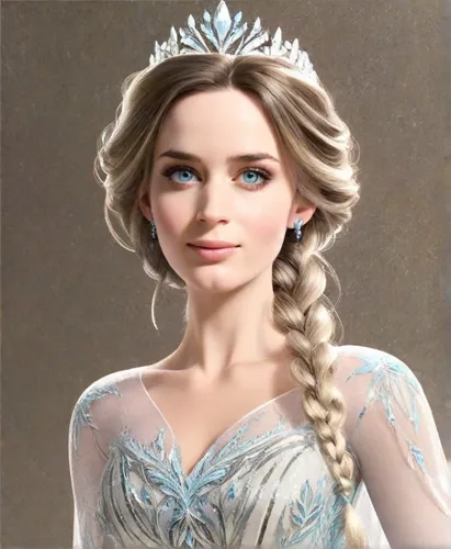 Ice queen Elsa in Disney animation movie Frozen 2. Ice queen, wears a gown in a stunning shade of ice white, evoking a sense of elegance and enchantment. a fitted bodice with long sleeves, often made 