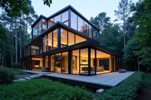 Design stunning glass-walled retreats harmonizing nature with modern elegance.,a modern glass - framed house in the woods at dusk,forest house,house in the forest,modern house,cubic house,timber house