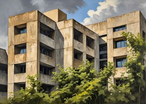 Modern architectural concrete block, brutalist style, industrial chic, grey and beige tone, geometric shape, irregular edges, rough texture, urban setting, cityscape, contemporary building, minimalist