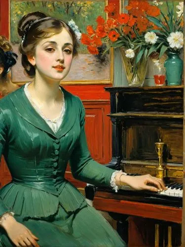 Entertainer in a Parisian piano bar. Let it appear as if a French impressionist, as if Edgar Degas had been painted the whole scene.,a painting of a girl sitting at the piano,perugini,pianoforte,piano