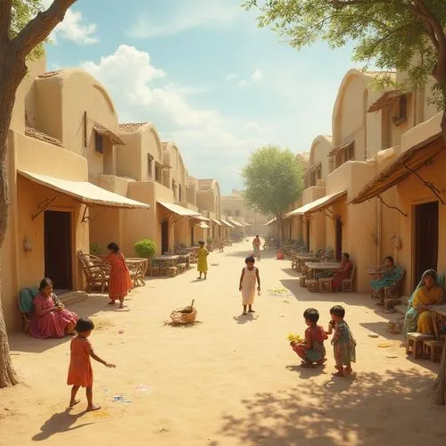 
*“Charles Correa’s housing clusters reimagined as flowing sand dunes — soft earth-toned structures with organic curves, shaded alleyways winding through the settlement, Indian children playing barefo