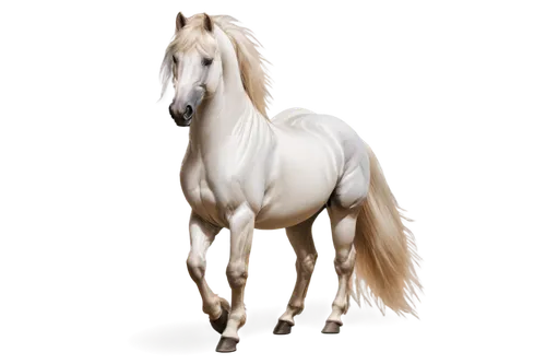 Majestic horse, white coat, muscular body, flowing mane, bright brown eyes, standing pose, front legs bent, majestic posture, shiny fur, detailed texture, soft natural lighting, 3/4 composition, warm 
