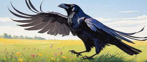 Sketch a playful raven frolicking in a sunlit meadow.,hyacinth macaw,black macaws sari,crows bird,corvidae,magpie,blue macaw,black vulture,raven bird,black billed magpie,california condor,steller s ja