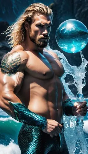 Aquaman, muscular man, half-naked, shiny scales, ocean-inspired tattoos, flowing blonde hair, piercing blue eyes, strong jawline, holding a translucent orb, water effects around hands, glowing aqua-bl