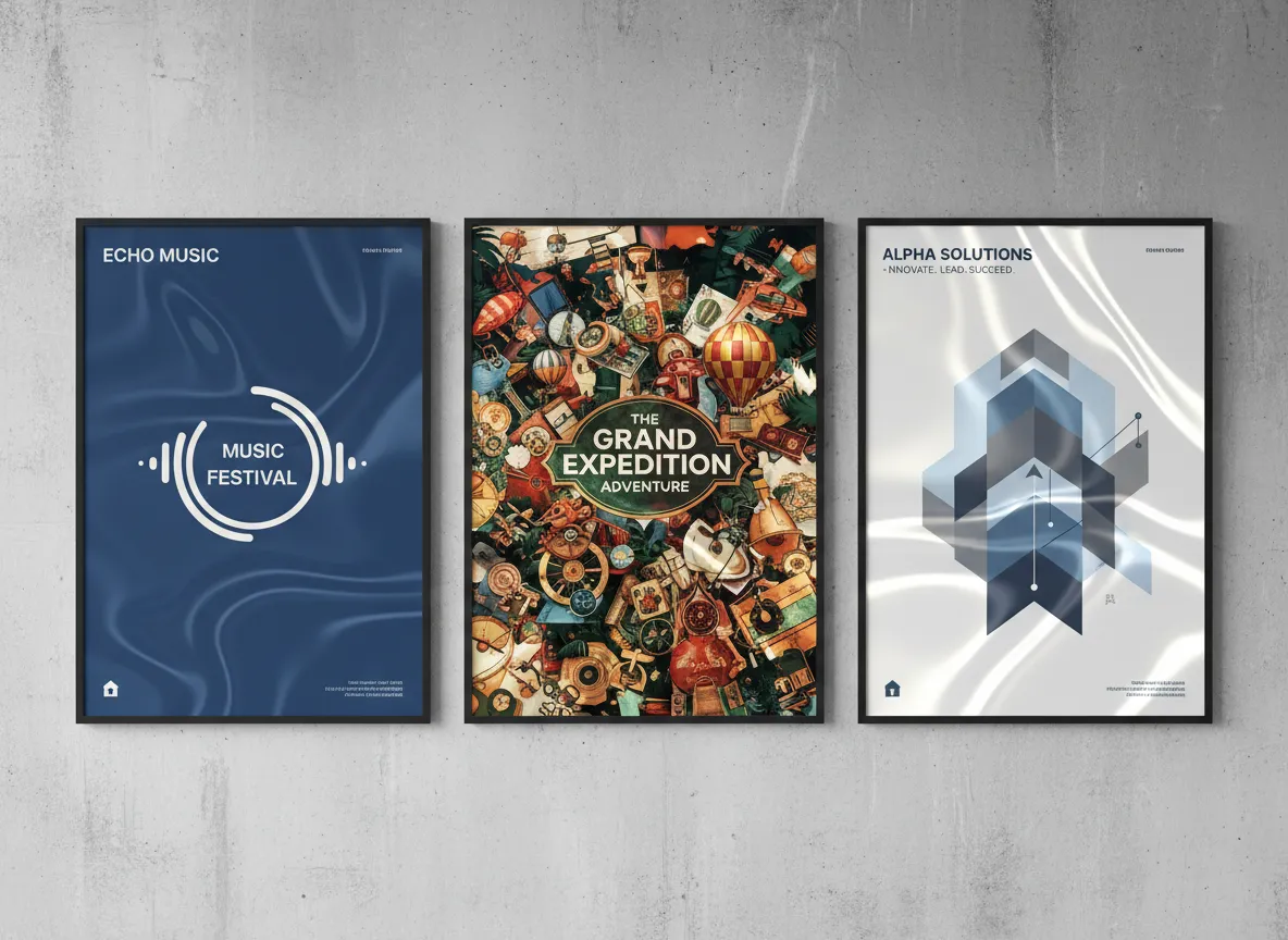 विभिन्न पोस्टर शैलियों का एक कोलाज—मिनिमलिस्ट, मैक्सिमलिस्ट, और कॉर्पोरेट—सभी को अलग-अलग कॉस्टिक्स प्रभावों के साथ बढ़ाया गया है।