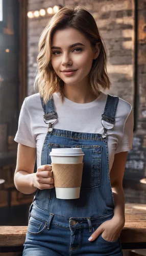 1 girl, solo, large , HoldingACupofCoffee,tshirt, jeans,  Simple-Miqote,coffee background,barista,woman drinking coffee,woman at cafe,girl in overalls,cappuccino,espresso,cute coffee,drinking coffee,c