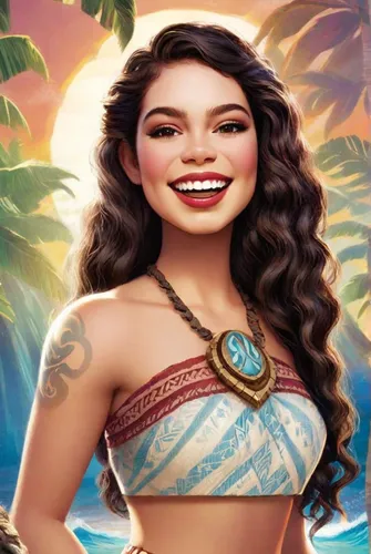 Princess Moana in Disney animation movie Moana. wears a two-piece ensemble that reflects her connection to the ocean and her island heritage. long, wavy, and dark brown hair,moana,jaya,hula,polynesian