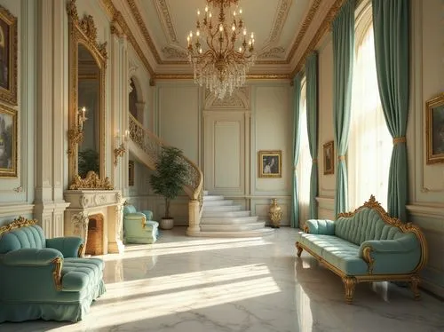 Modern Renaissance interior, mint color accents, ornate gold frames, lavish velvet drapes, intricately carved wooden furniture, soft cream walls, elegant crystal chandelier, luxurious marble flooring,