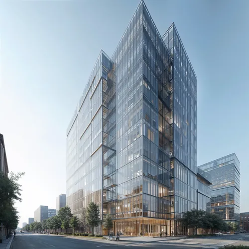 A vertically oriented design with clean, parallel lines and stacked sections that rise seamlessly,a large glass building with lots of windows,tishman,glass facade,citicorp,capitaland,towergroup,transb