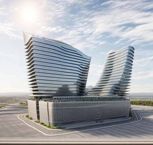 aerial view,distant shot,office building mid rise,commercial building complex,Curved style,Futuristic style,norman foster style,,modern facade,vertical frame,streets,plaza,commercial atmosphere,sidewa