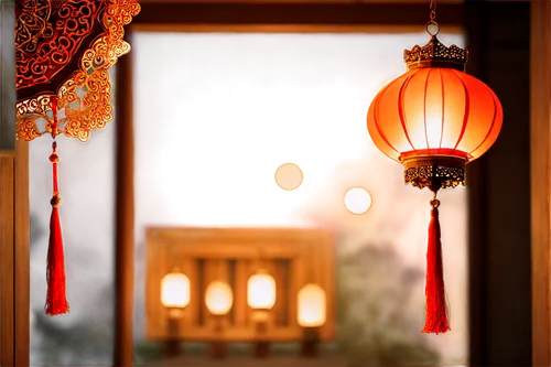 Diya lantern, traditional Chinese, red glow, intricate metalwork, ornate details, golden accents, soft warm light, hanging from ceiling, delicate tassels, transparent glass panels, ornate roof tiles, 