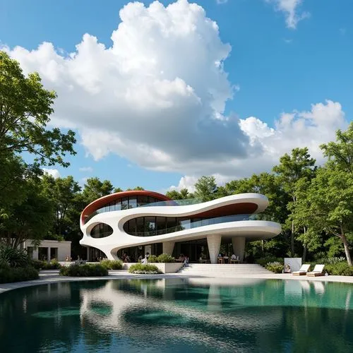 A breathtaking 3D render: an architectural marvel, a majestic white house with a red and white roof, rises above a beautiful blue sky. The house's intricate carvings add scale, while fluffy clouds add