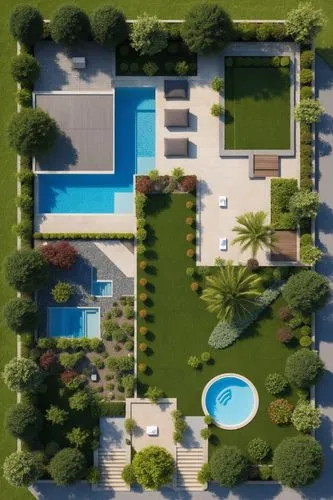 aerial view of a swimming pool in the middle of an lawn area,outdoor pool,private estate,pool house,casabella,suburban,villa