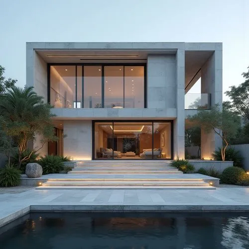 A hyper-realistic, high-resolution architectural photograph capturing a grand, ultra-modern luxury mansion at twilight. The building’s façade is composed of smooth white stone panels contrasted with s