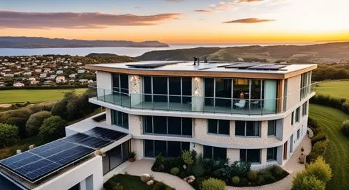 Aerial drone view from above, looking down at a contemporary three-story hempcrete residence. Focus on the organic, porous texture of the hempcrete walls underlined by natural wood window frames. The 