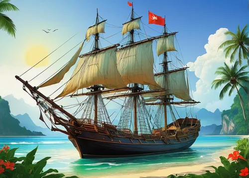 Old sailing ship in tropical landscape (Shutterstock.com),east indiaman,caravel,sea sailing ship,galleon ship,sail ship,sailing ship,pirate ship,galleon,sailing ships,three masted sailing ship,longshi