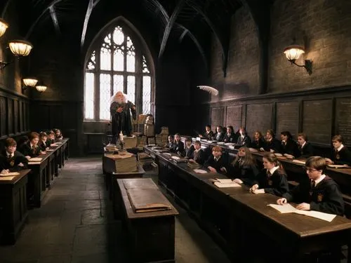 Harry Potter's Wizarding School Class,school students are lined up in the dark with desks,flitwick,courtroom,slughorn,burbury,filch,hogwarts,marauders,pupillage,headmaster,collegium