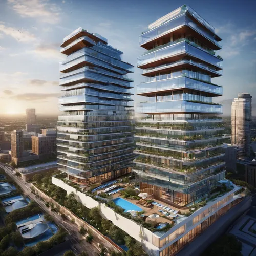 Two 14 stories, solor glass, renewable energies,  triangular outer buildings, one separate 14 stories octagonal center building, three pools, one rooftop deck pool, balconies on one building,,skyscape