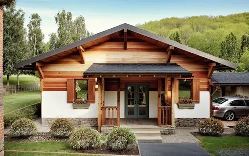 small modern house surrounded by a garden.
Gray roof.,chalet,wooden house,wooden facade,timber house,small cabin,traditional house,inverted cottage,wooden roof,timber framed building,chalets,lodge,lo