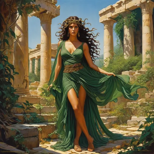 The most beautiful woman in the world with perfect body as medusa in overgrown Greek ruins in flowing sheer dress,cleopatra,artemisia,aphrodite,cybele,merida,greek mythology,celtic queen,artemis templ
