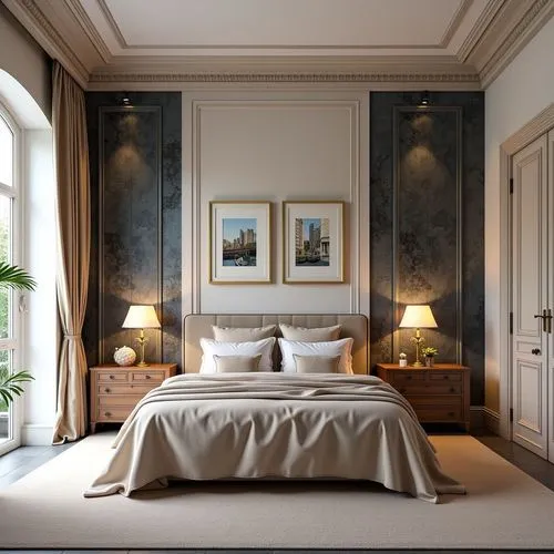 Modern style building, combination of white brick material  and reflective black stone on the facaA luxurious neoclassical bedroom interior perspective render. The view shows two walls: the front wall