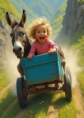 A scene showcases an exhilarating moment where a young cute girl and a donkey are riding with high speed in a bright blue wagon. The girl, with tousled, blonde hair, wears a pink shirt. Her facial exp