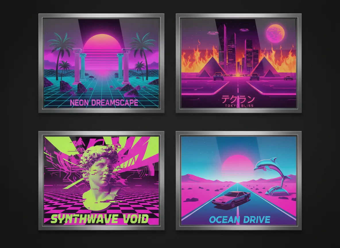 Ein Raster aus vier Vaporwave-Postern, die jeweils eine andere Neon-Farbpalette von Pink und Türkis bis Orange und Lila zeigen.