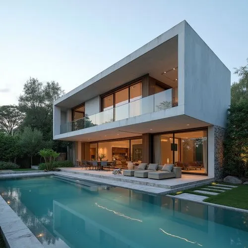 A luxurious modern villa with clean lines and expansive glass walls overlooks a serene infinity pool. The villa has a minimalist aesthetic, featuring a flat roof and soft outdoor lighting that enhance