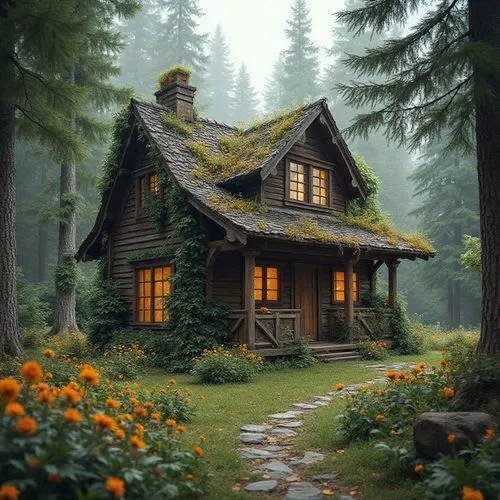 Old train house in forest, flowers are blooming,  pine-tree,  planty house style,this is an image of a cabin nestled in the woods,house in the forest,little house,summer cottage,small house,wooden hou