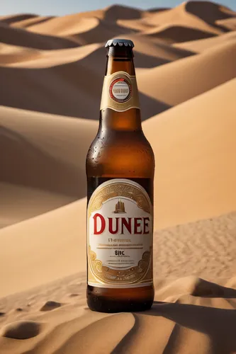  Commercial shooting, a bottle of beer, a scene in the desert, a desert in a film dune, Morandi style, low saturation, natural light, center composition, super close-up, Ultra HD,8K, realistic colors,