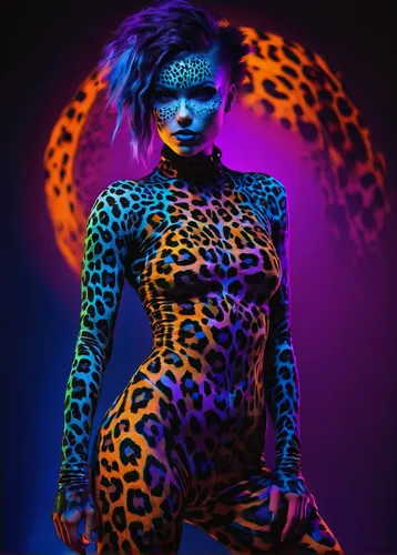 beautiful woman, fit body, paint woman with fluo paint accomplished by a designer painter, black purple orange light-blue blacklighting, high details, she looks like a leopard, fur skin, short leopard