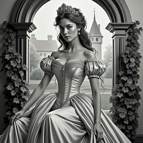 A beautiful, elegant woman with long, wavy brown hair, wearing a stunning, off-the-shoulder, silver corseted dress with puffed sleeves and a flowing skirt. she is seated in the middle of the image, wi
