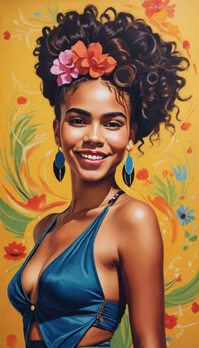 there two cute black girls wearing a big smile and a choker necklace. The background is painted in the style of Frida Kahlo,painting of woman smiling, with afros wearing blue,oil painting on canvas,fl