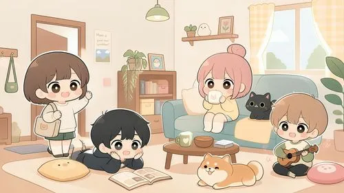 an animated family with cats and other animals around,cat's cafe,dog cafe,playing room,teatime,cat family,doll kitchen,room,rice cooker,kids room,kitchen,cafe,tearoom,together cleaning the house,the l