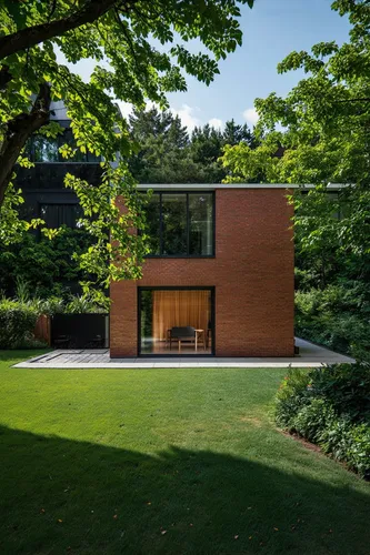 the front view of a house in the yard,modern house,bunshaft,corten steel,forest house,kundig,eisenman