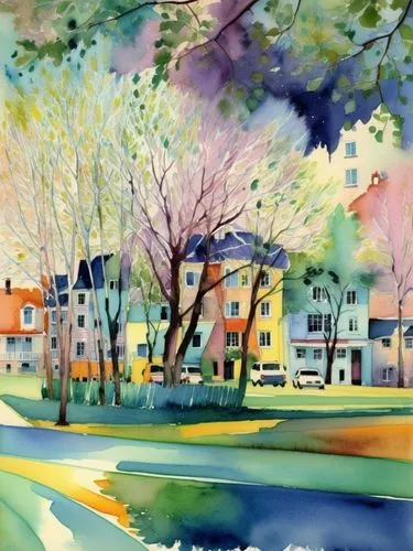 Акварель, весенняя листва, дома,the painting has trees and a house near water,spring morning,watercolor tree,fauvist,springtime background,aurora village,watercolor