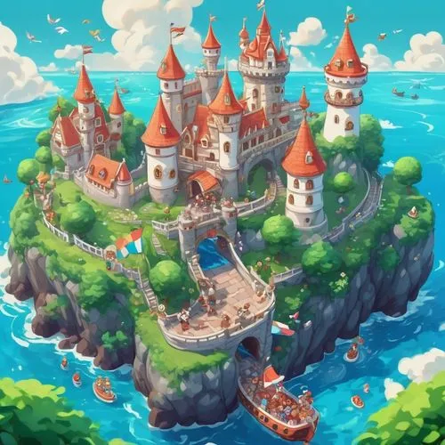 Fantasy kingdom, Cookie Run characters, bright colorful scenery, cartoon style, medieval castle, tall spires, grand entrance, stone walls, vibrant flowers, lush greenery, winding paths, sunny sky, flu