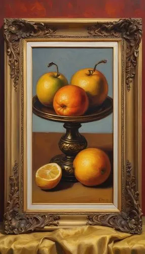 oil painting, still life, artistic composition, warm color palette, soft brushstrokes, blurred edges, impressionist style, gentle lighting, subtle texture, canvas surface, frame border, ornate gold fr