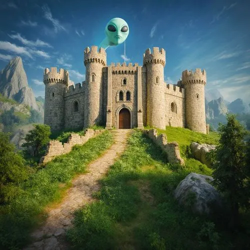 معالج فائق,a castle on a grassy hill with an alien face over it,fantasy picture,extraterrestrial,ghost castle,fantasy world,overlords,alien world