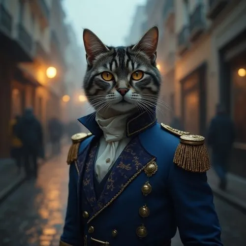 "Elegant feline aristocrat, ornate blue military jacket, misty European street at dusk, golden eyes, wet cobblestones, cinematic lighting --v 6",there is a cat dressed as a man,lieutenant,admiral,comm