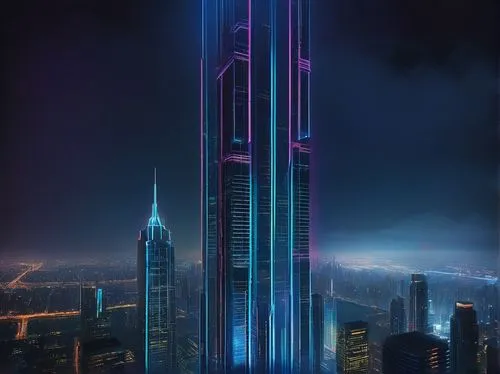 Futuristic skyscraper, neon lights, metallic materials, reflective glass, curved lines, minimalist interior, holographic advertisements, bustling cityscape, night scene, misty atmosphere, 3/4 composit