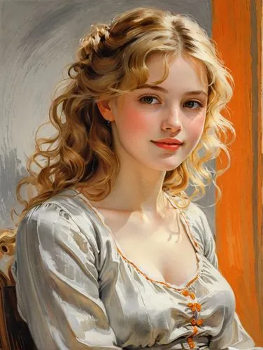 Remove any imperfections or blemishes from the picture.the drawings drawn were cute, in the style of feminine portraiture, golden light, light gray, pensive poses, smokey background, light orange and 